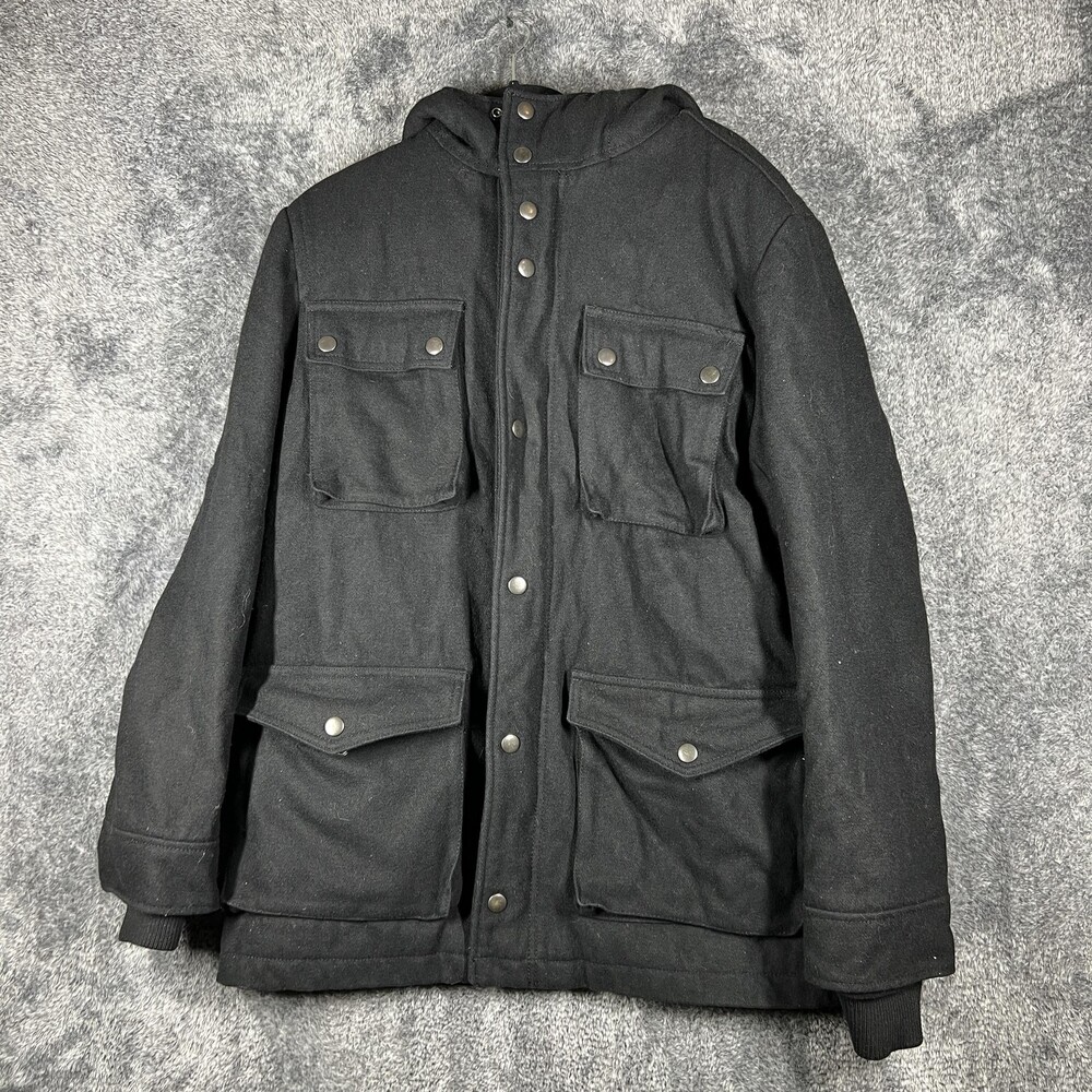 Merona Coat Mens L Black Parka Hooded Lined Insulated Wool Mid-Length Pockets
